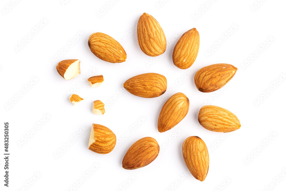 Top view Almonds isolated on white background Top view Almonds isolated on white background