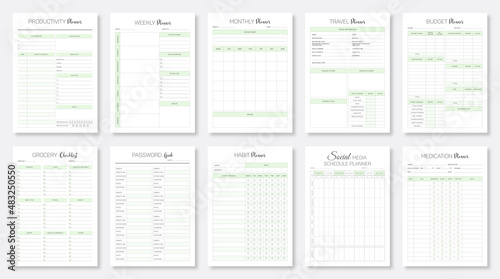 Minimalist planner pages templates. Printable Life & Business Planner Set. Life and business planner 2022. Daily, Weekly, Monthly, Travel, Budget, Grocery, Password, Habit, Social, Medication Planner. photo