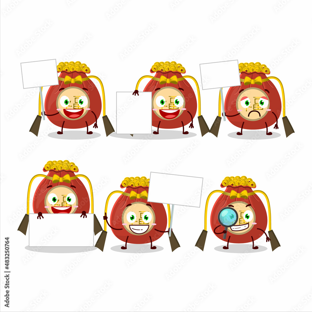 Fototapeta premium Red bag chinese cartoon character bring information board