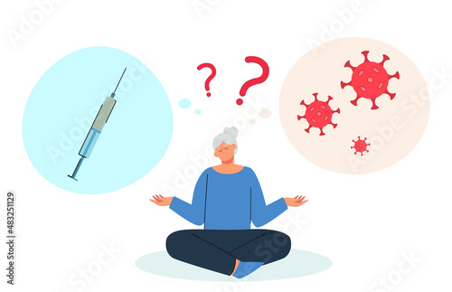 Elderly woman thinking of getting vaccinated. Vaccine syringe and virus in thought bubbles flat vector illustration. Health, coronavirus, vaccination concept for banner, website design or landing page