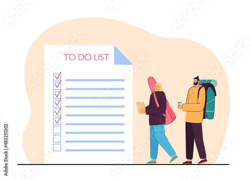 Couple of tourists next to huge sheet of paper with to-do list. Backpackers or travelers planning trip flat vector illustration. Traveling, tourism concept for banner, website design or landing page