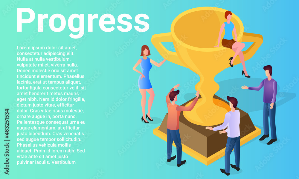 Progress.People next to the award cup rejoice at the successes achieved.A business-style poster.Flat vector illustration.
