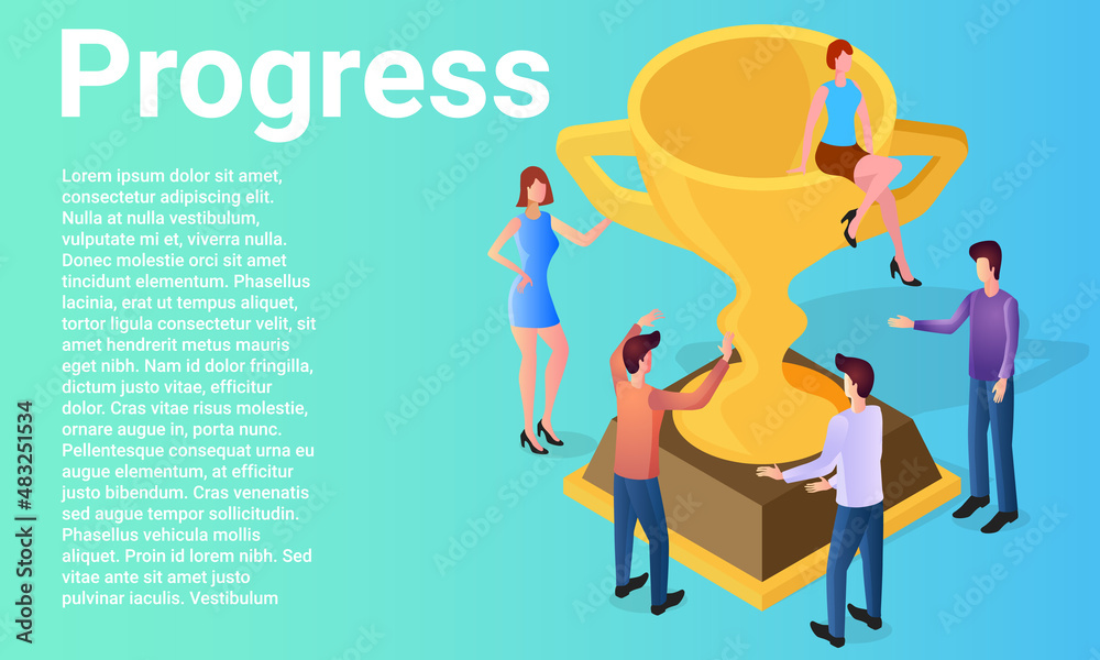 Progress.People next to the award cup rejoice at the successes achieved.A business-style poster.Flat vector illustration. Progress.People next to the award cup rejoice at the successes achieved.A business-style poster.Flat vector illustration.