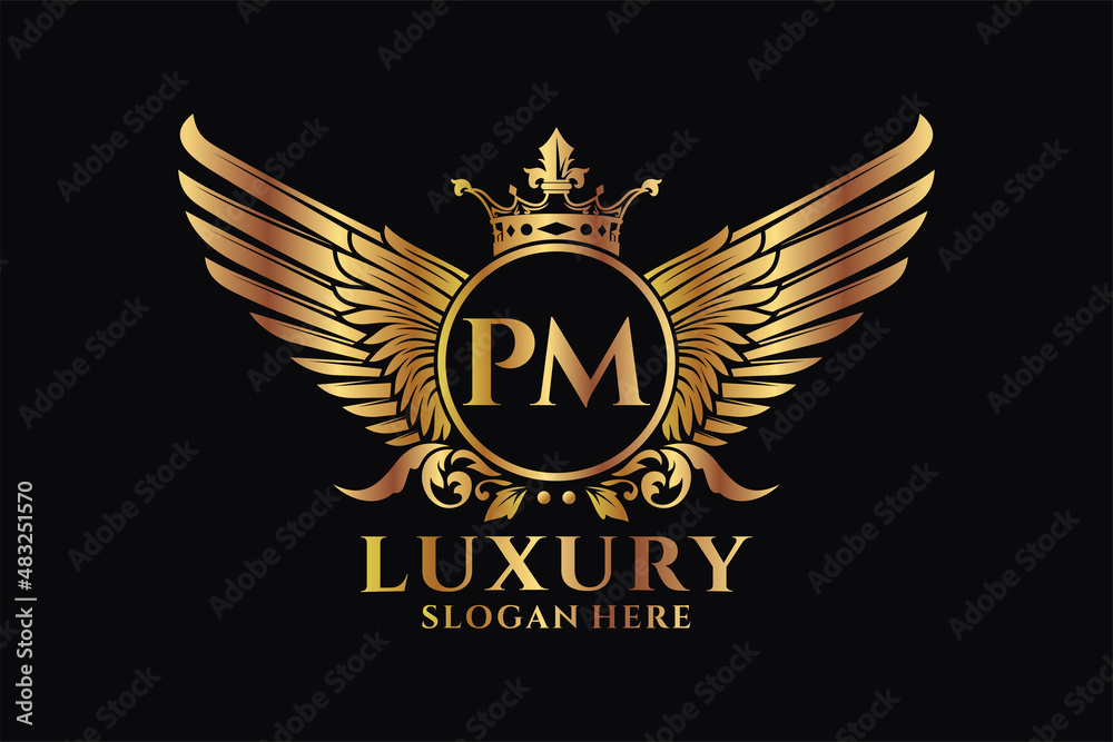 Luxury royal wing Letter PM crest Gold color Logo vector, Victory logo,  crest logo, wing logo, vector logo template. Stock Vector