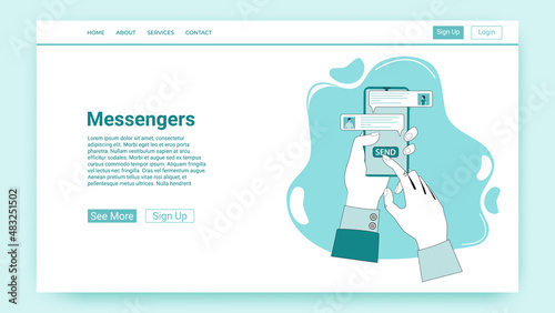 Messengers.The user sends messages using a smartphone.The concept of social networks and online communication.The concept of control over the business process.An illustration in the style of a green l