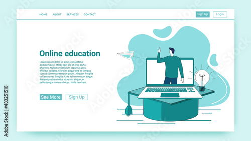 Online education.People on the background of a large laptop get an education using an Internet connection.An illustration in the style of a green landing page.