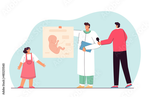 Biologist with infographics teaching girl embryology. Man with microphone, quiz show for students flat vector illustration. Education, biology concept for banner, website design or landing web page
