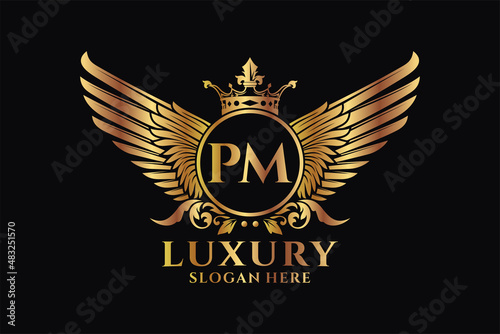 Luxury royal wing Letter PM crest Gold color Logo vector, Victory logo, crest logo, wing logo, vector logo template.
