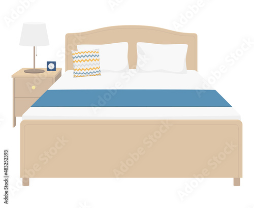Vector illustration of bed and bedside table isolated on background.