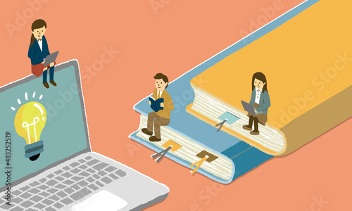 パソコンと本、デジタルとアナログ両方で勉強する学生たちのイラスト