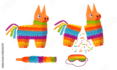 Pinata for a birthday. Corrugated paper toy with sweets or a surprise inside. Vector cartoon illustration