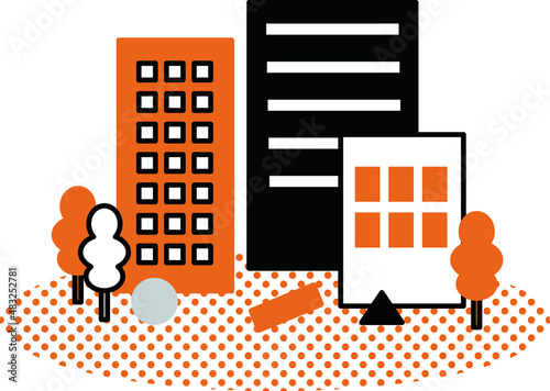 構想ビルと街並みのイラスト　シンプルタッチ