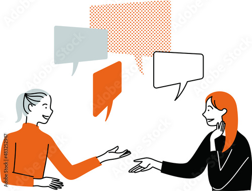 2人で話をする女性のイラスト　ふきだし付き　シンプルタッチ1