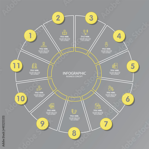 Yellow and Gray colors for circle infographic with thin line icons. 11 options or steps for infographics, flow charts, presentations, web sites, printed materials. Infographics business concept.