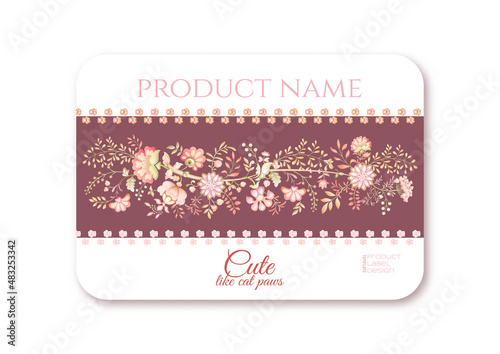 Cute fantasy flowers with cat paw prints. Animal and floral motif. Millefleurs trendy floral design. Template for product label, cosmetic packaging. Easy to edit. Vector illustration. Gradients colors