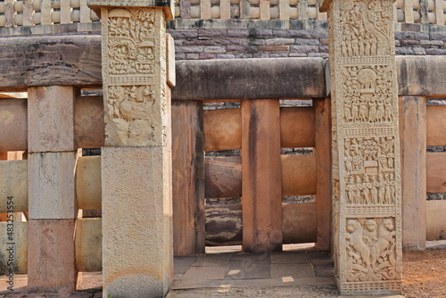 Stupa No 1, West Gateway, Close-up of pillars, The Great Stupa, World Heritage Site, Sanchi, Madhya Pradesh, India.