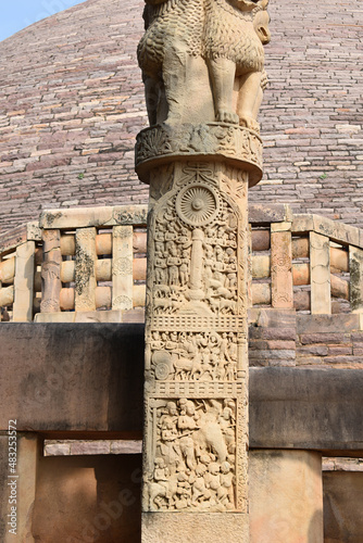 Stupa No 1, South Gateway, Left Pillar Front, Panel1 : Dharma Chakra on Pillar represents the first sermon of Buddha delivered at Deer Park at Sarnath