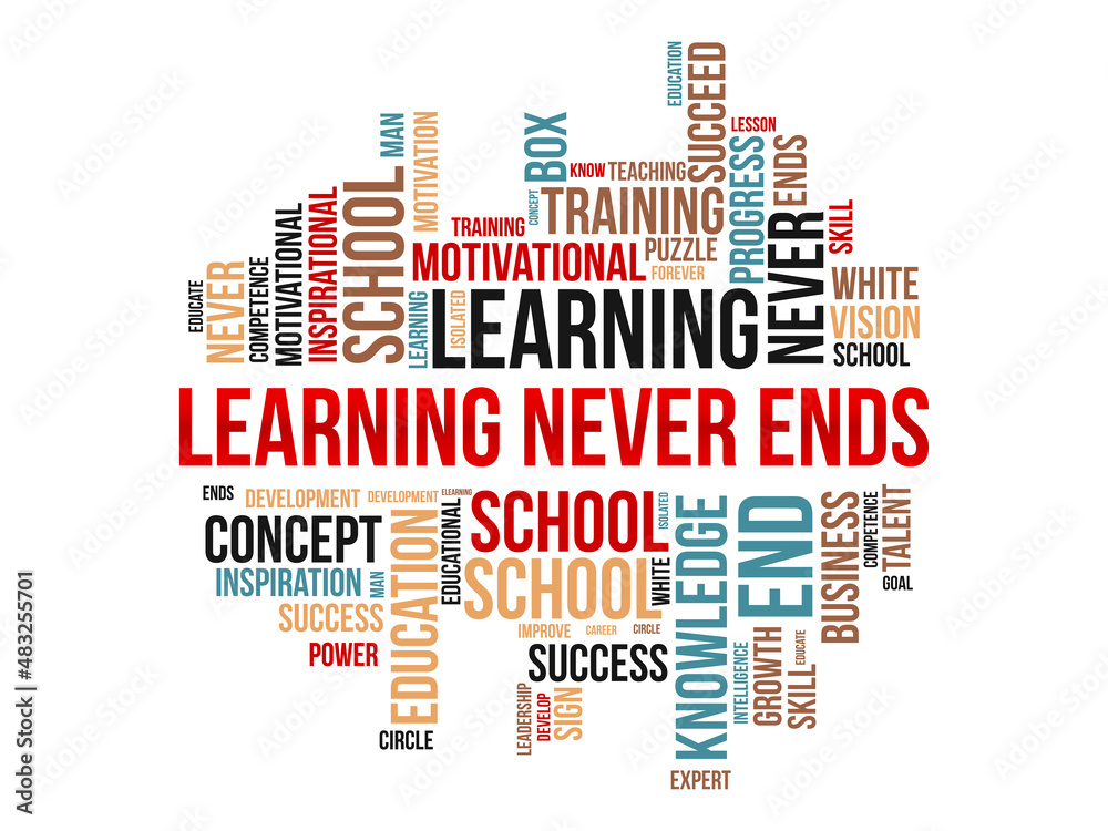 Learning never ends word cloud template. Creative concept vector background. Learning never ends word cloud template. Creative concept vector background.