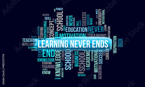 Learning never ends word cloud template. Creative concept vector background. photo