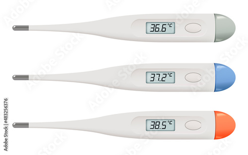Thermometer medical electronic. Realistic vector illustration isolated on white. Three options with different temperatures - normal and elevated. Contemporary medicine for healthcare Medical equipment