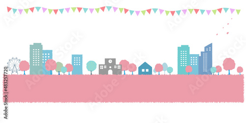 桜と街並みの背景イラスト　ベクター背景素材	
