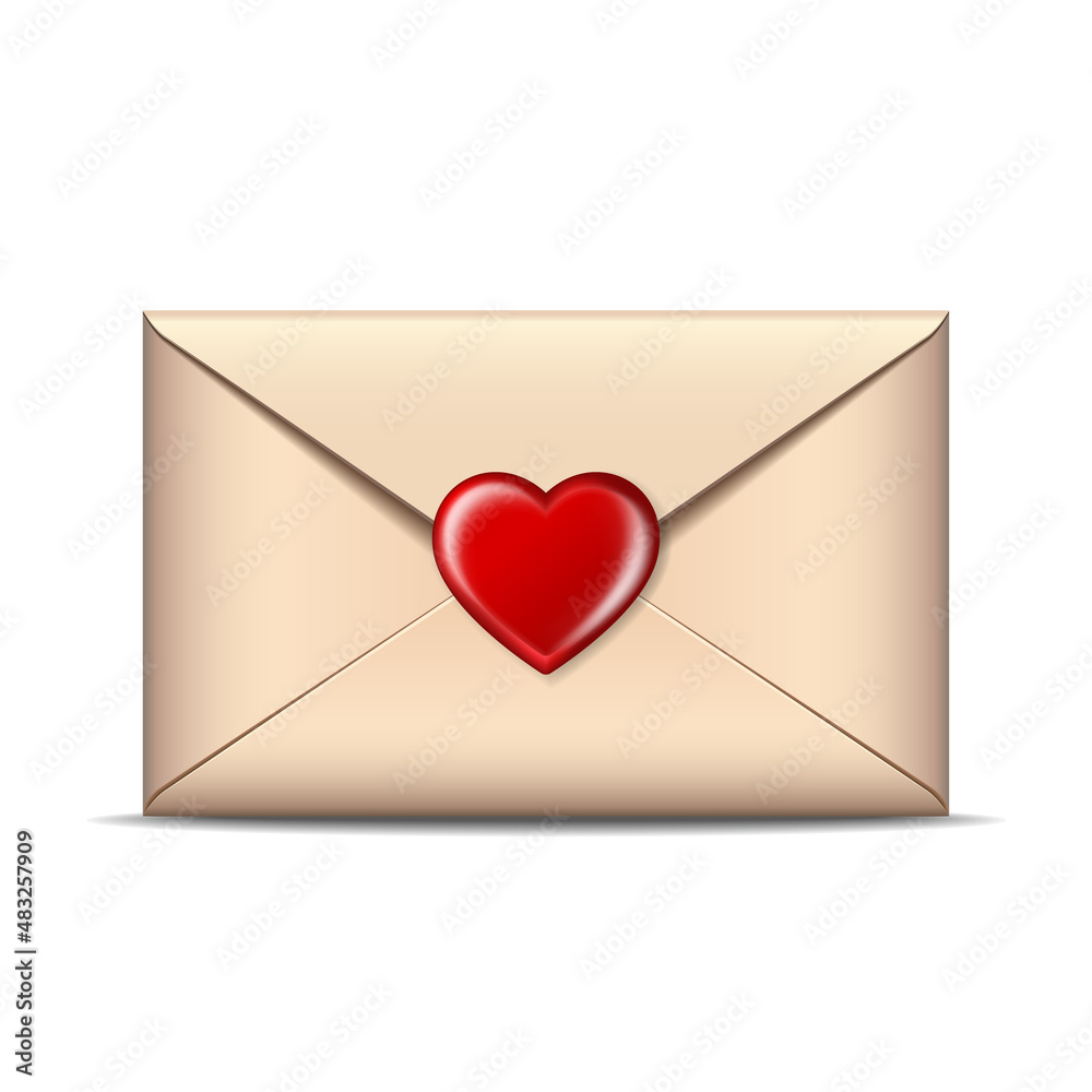 Closed postal envelope with small heart shaped sticker, symbol of romance. Closed postal envelope with small heart shaped sticker, symbol of romance.