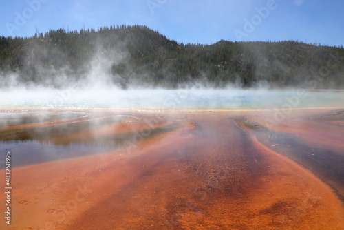The red color around the Grand Prismatic spring is from bacteria that thrive in hot acidic environments