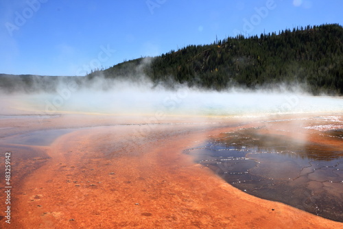 Grand Prismatic Spring and red soil of bacterial growth around it, Yellowstone National Park