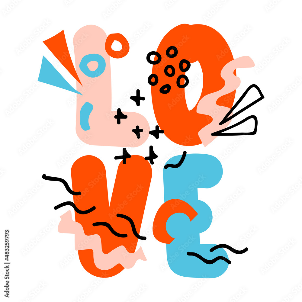 Love handwritten lettering, puffy letters love and abstract shapes and lines. Graphics for valentines day, cards, posters, social networks. Vector flat illustration in a modern, fashionable style. Love handwritten lettering, puffy letters love and abstract shapes and lines. Graphics for valentines day, cards, posters, social networks. Vector flat illustration in a modern, fashionable style.