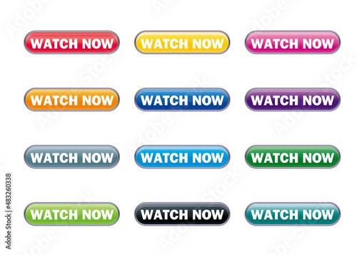 立体感、光沢感のあるWATCH NOWボタン。素材セット　今すぐ見る、アイコン、　ウェブサイト、バナー、アプリ用　白背景