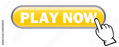 立体感、光沢感のあるPLAY NOWボタンと手。　今すぐ遊ぶ、アイコン、　ウェブサイト、バナー、アプリ用　白背景