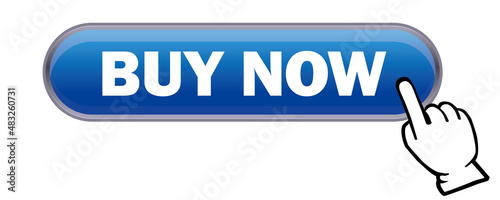 立体感、光沢感のあるBUY NOWボタンと手。　今すぐ買う、アイコン、　ウェブサイト、バナー、アプリ用　白背景