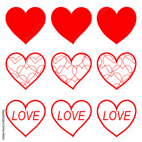 Nine different red heart icons, symbol for love, isolated on white background