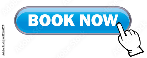 立体感、光沢感のあるBOOK NOWボタンと手。　今すぐ予約、アイコン、　ウェブサイト、バナー、アプリ用　白背景