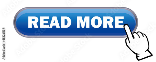 立体感、光沢感のあるREAD MOREボタンと手。　もっと読む、アイコン、　ウェブサイト、バナー、アプリ用　白背景