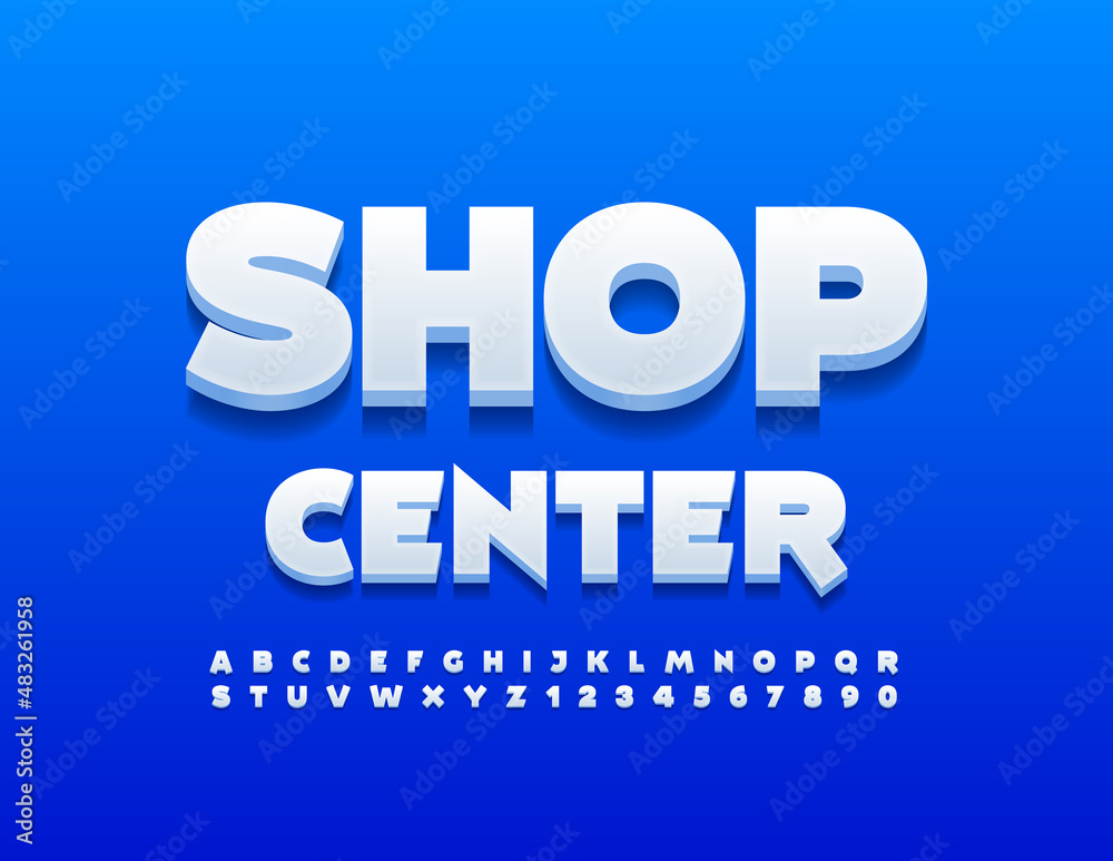 Vector business emblem Shop Center with creative White Font. 3D modern Alphabet Letters and Numbers set