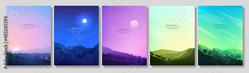 Vector illustration. Flat landscape collection. Cloudy sky. Forest background with pine trees. Design elements for poster, magazine, book cover, banner, invitation, brochure. Wallpapers with text