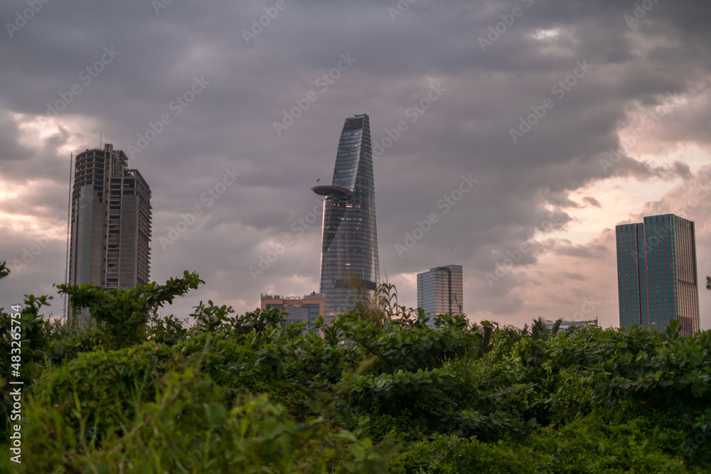 Picture of skyscrapers at sunset in the park with green grass and trees. View in metropolis with modern buildings. High quality photo