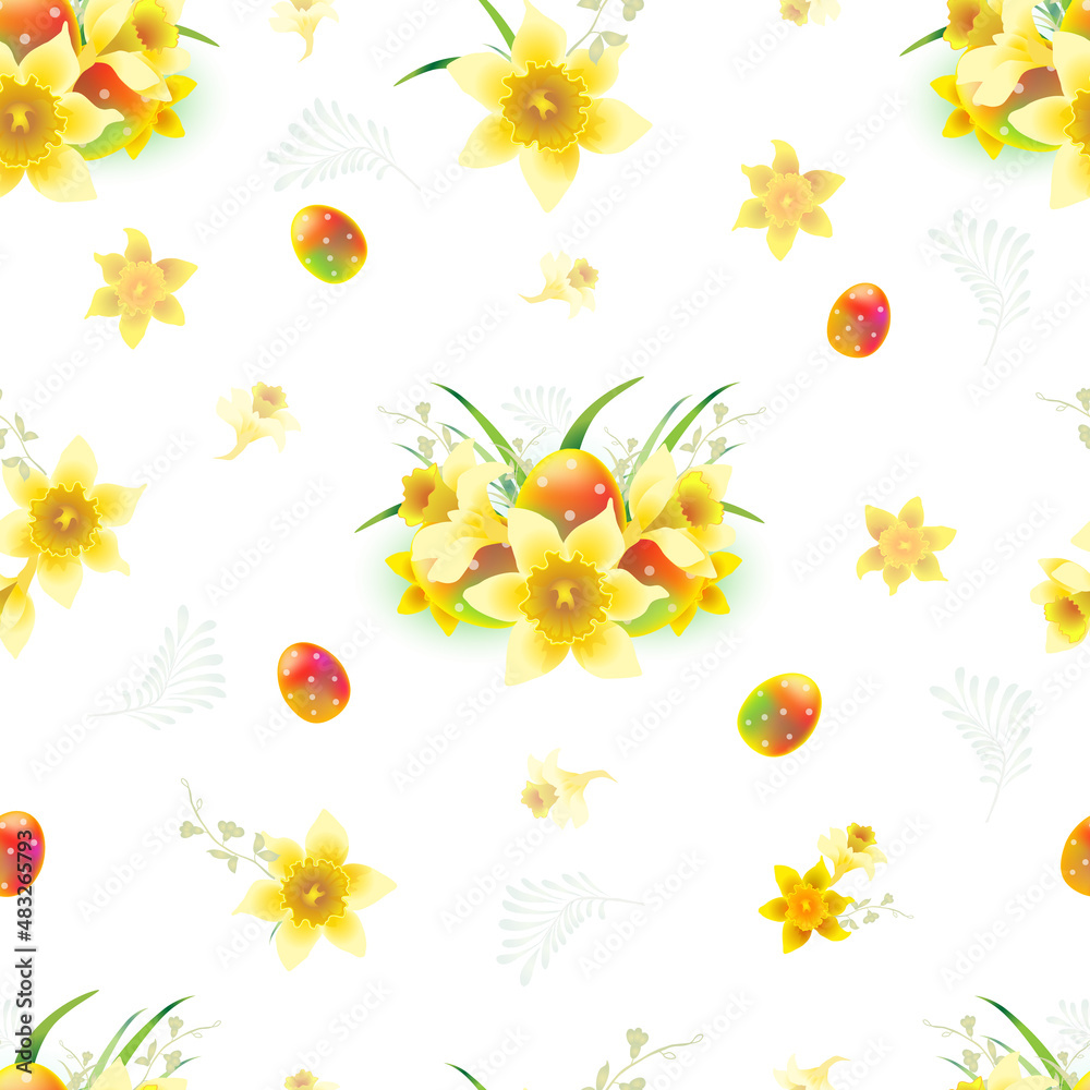 Seamless pattern with daffodils flowers and Easter eggs- spring, light celebration Easter mood. Card Easter design. Seamless pattern with daffodils flowers and Easter eggs- spring, light celebration Easter mood. Card Easter design.