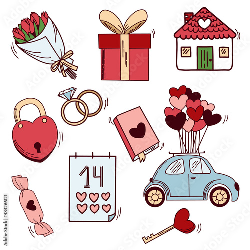 Doodles elements for Valentine's Day. Vector clipart isolated on a white background.