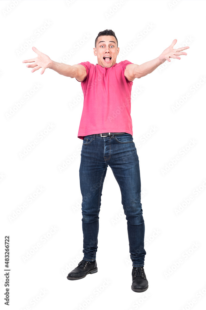 Excited man trying to hug camera. White background Excited man trying to hug camera. White background