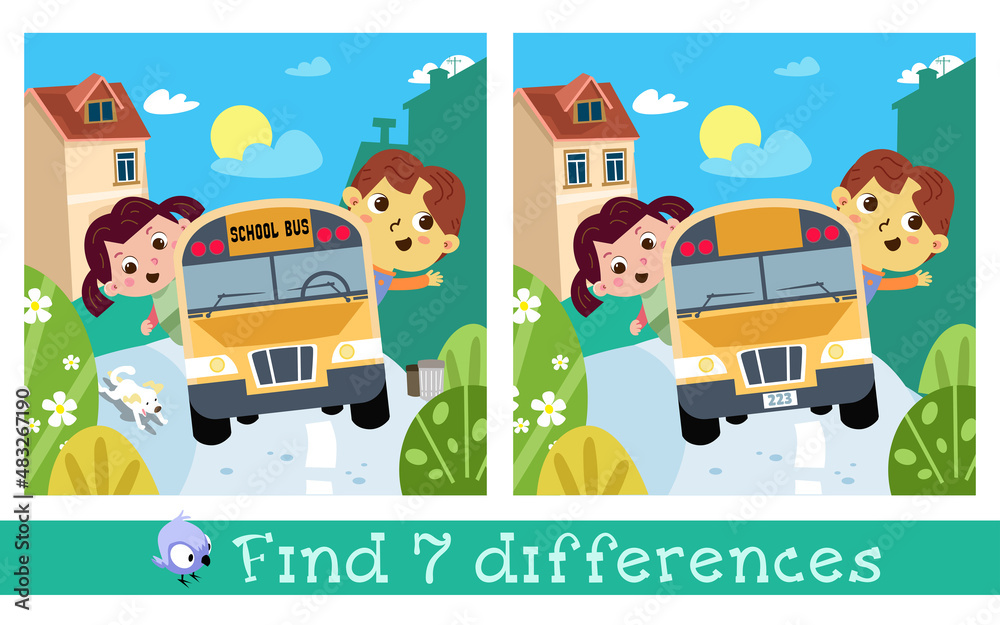 Cute kids ride on school bus. Find 7 differences. Game for children ...