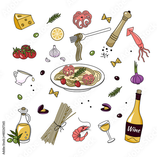 A set of ingredients for making Pasta with octopus. Doodle style. Vector graphics.