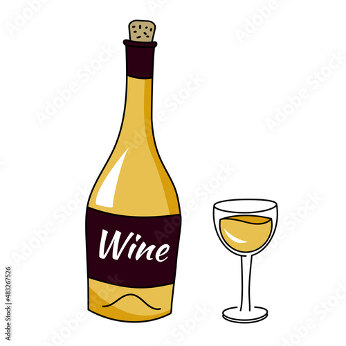 A bottle of white wine and a glass. Doodle style. Vector graphics.