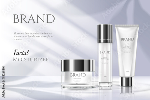 Skincare set with white clear wall minimal background and leaf shadow for Cosmetic product presentation template.