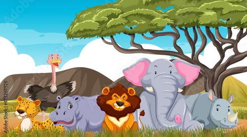 Canvas Print Wild animals in savanna forest scene