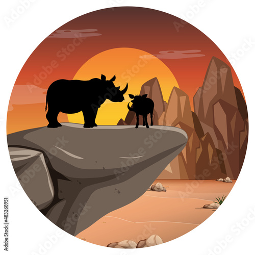 Rhinoceros silhouette in savanna forest