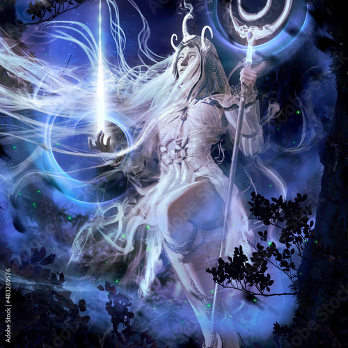Slika na platnu A charming white druid woman, She is a luminous transparent spirit of nature floating in the air among the trees in the night forest, she creates a stream of white energy into the sky