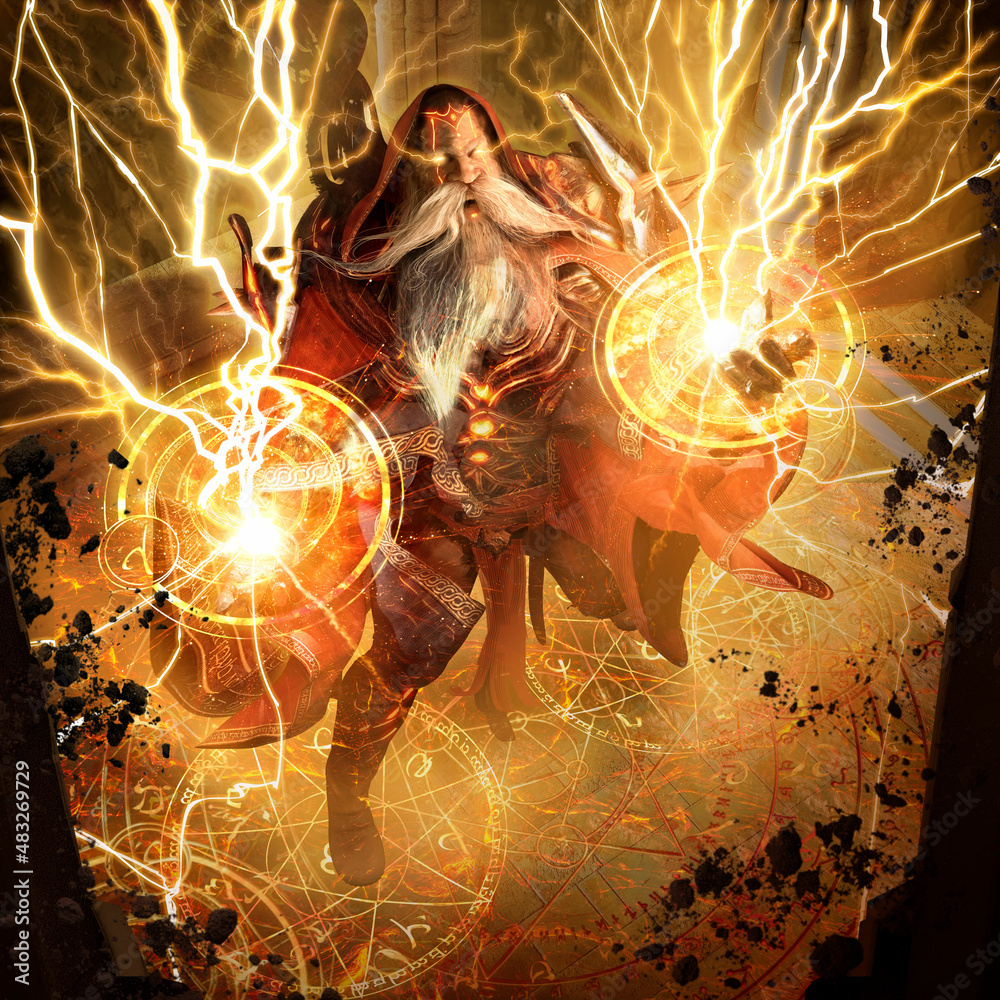 Overflowing with magical energy, an enraged sorcerer releases powerful lightning bolts from his