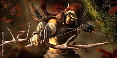 An evil brutal forest elf hunter with long eyebrows in a hood with black tattoos on face and sinister green eyes pulls an arrow with notches on a bow made of deer horns, in a misty forest 3d rendering photo